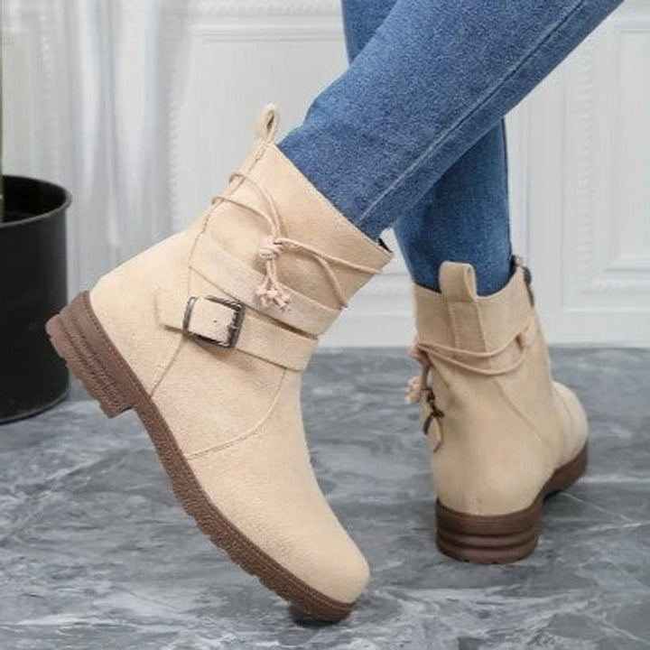 Women's Suede Buckle-Strap Lace-Up Ankle Heeled Boots