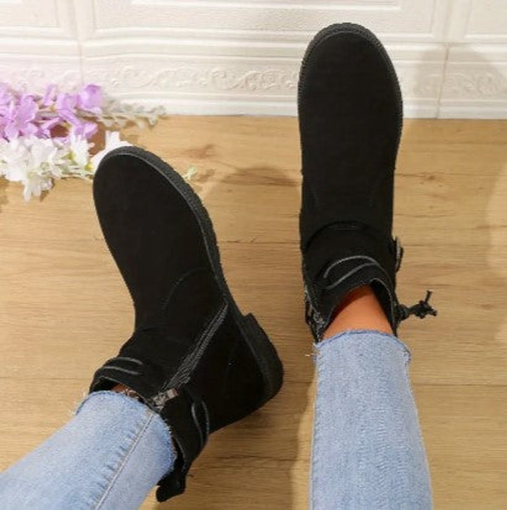 Women's Suede Buckle-Strap Lace-Up Ankle Heeled Boots