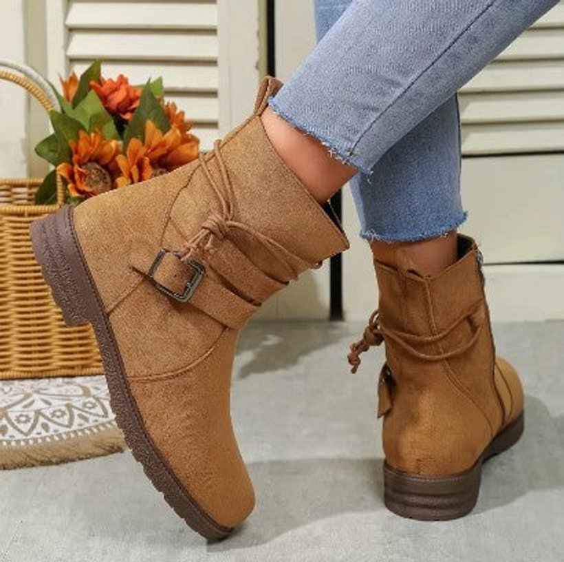 Women's Suede Buckle-Strap Lace-Up Ankle Heeled Boots