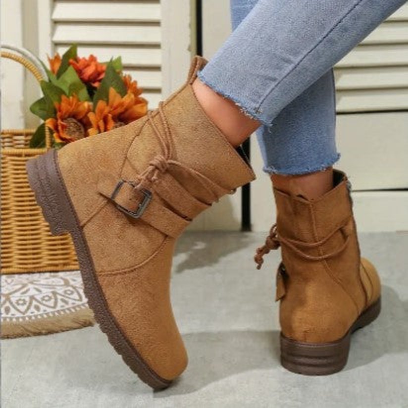 Women's Suede Buckle-Strap Lace-Up Ankle Heeled Boots