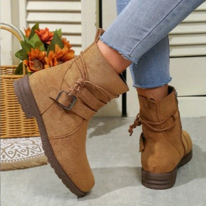 Women's Suede Buckle-Strap Lace-Up Ankle Heeled Boots