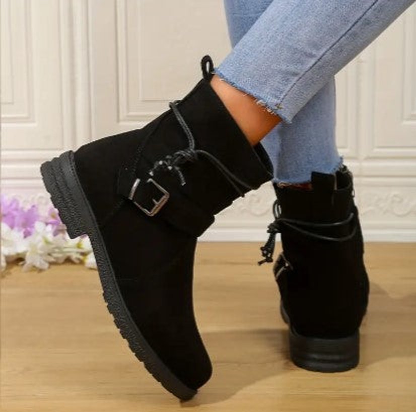 Women's Suede Buckle-Strap Lace-Up Ankle Heeled Boots