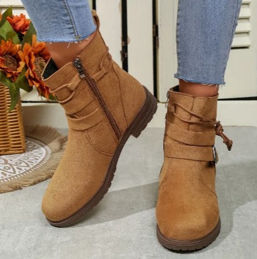 Women's Suede Buckle-Strap Lace-Up Ankle Heeled Boots