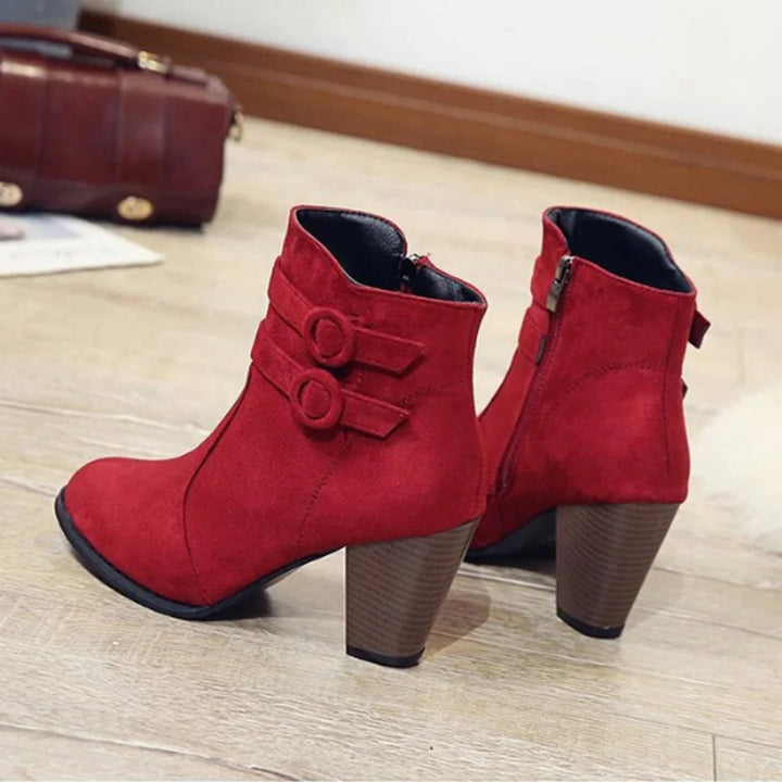Women's Suede Double-Buckle Block Ankle Heeled Boots