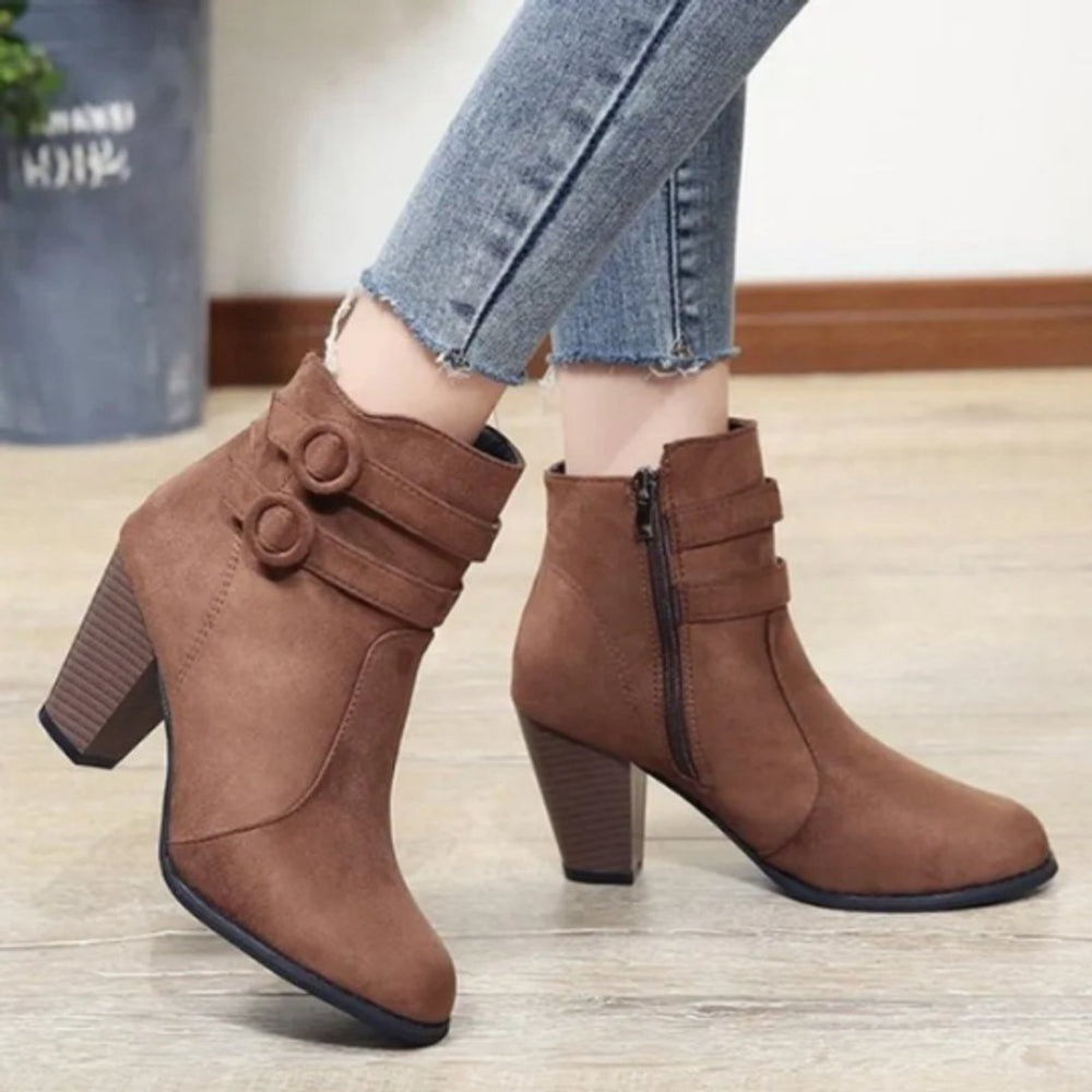 Women's Suede Double-Buckle Block Ankle Heeled Boots