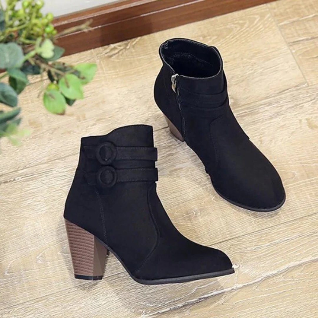 Women's Suede Double-Buckle Block Ankle Heeled Boots