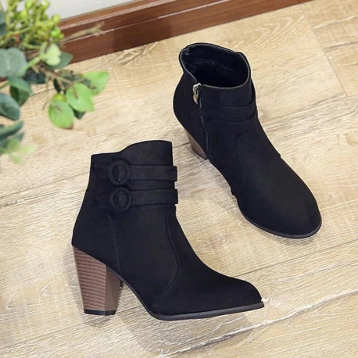 Women's Suede Double-Buckle Block Ankle Heeled Boots