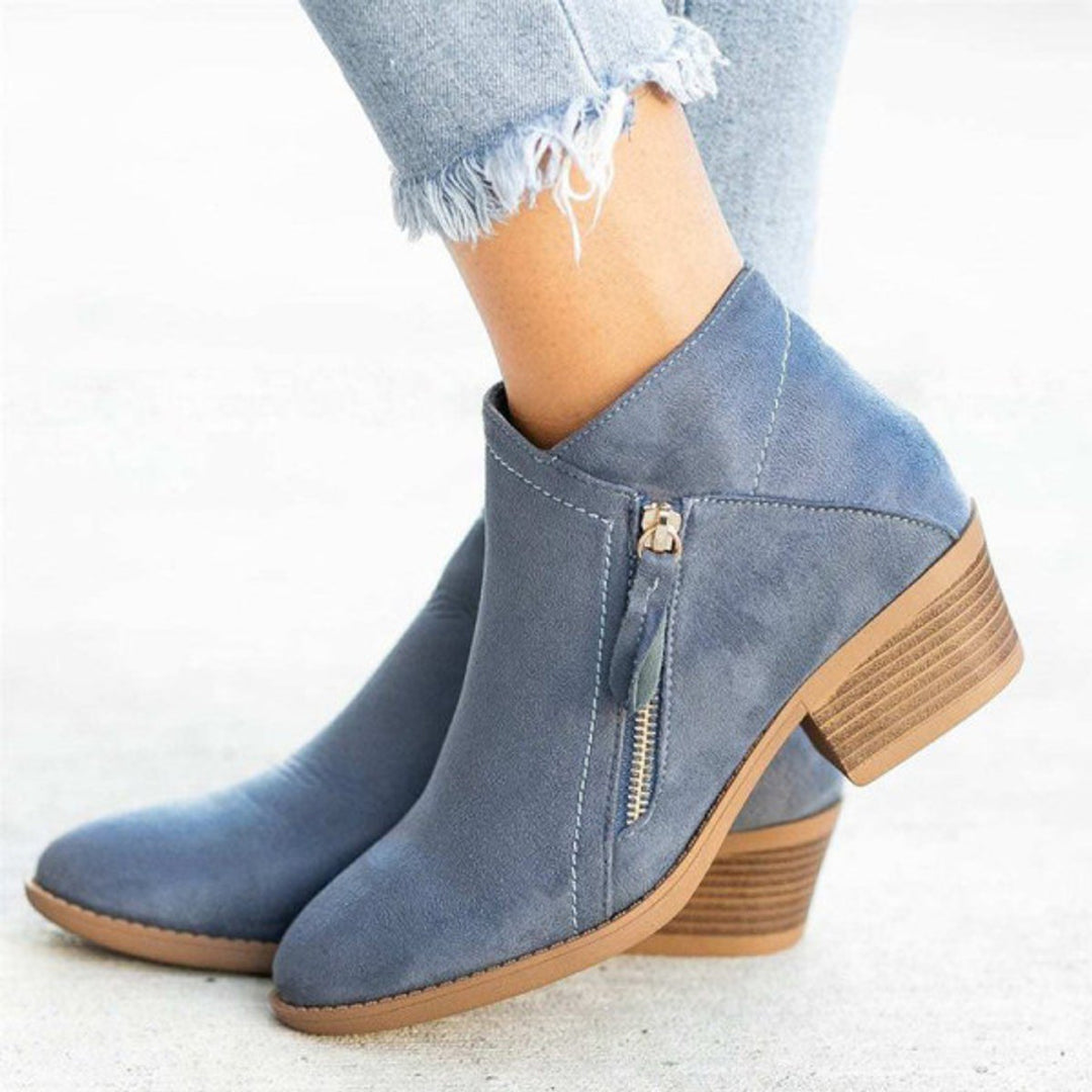 Women's Suede Double-Zip Low Chunky Ankle Heeled Boots
