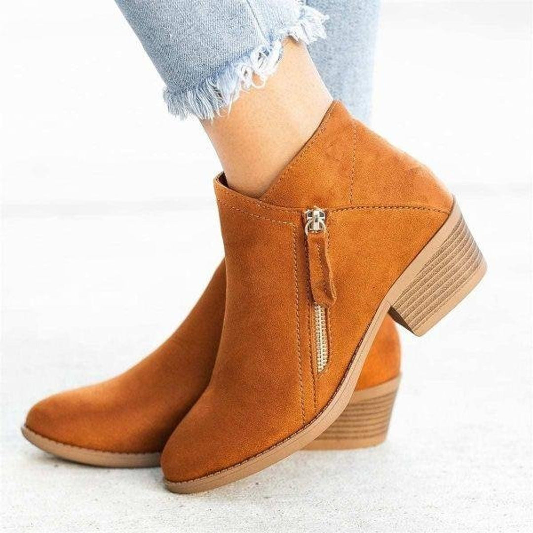 Women's Suede Double-Zip Low Chunky Ankle Heeled Boots