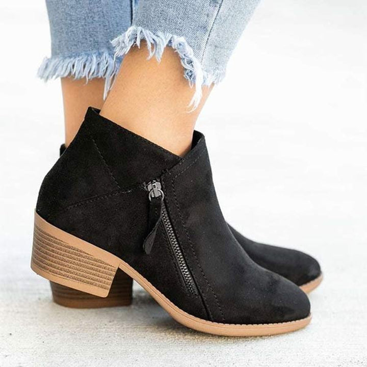 Women's Suede Double-Zip Low Chunky Ankle Heeled Boots