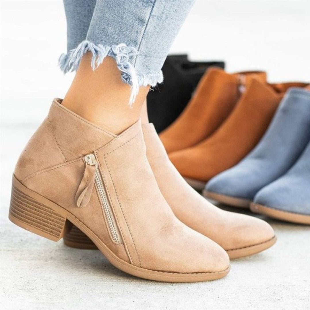 Women's Suede Double-Zip Low Chunky Ankle Heeled Boots