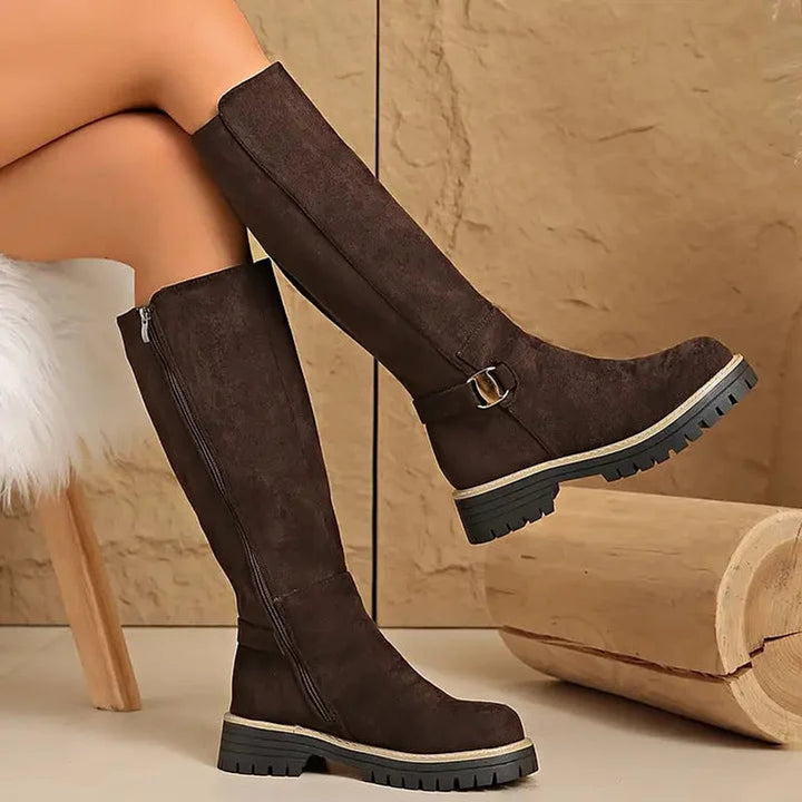 Women's Suede-Effect Buckle Detail Knee-High Boots Lug Sole