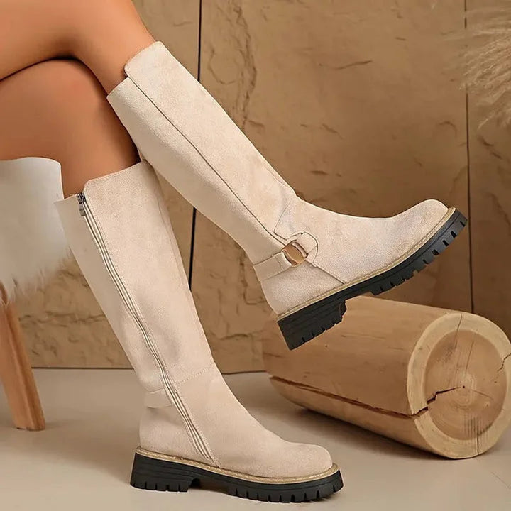 Women's Suede-Effect Buckle Detail Knee-High Boots Lug Sole