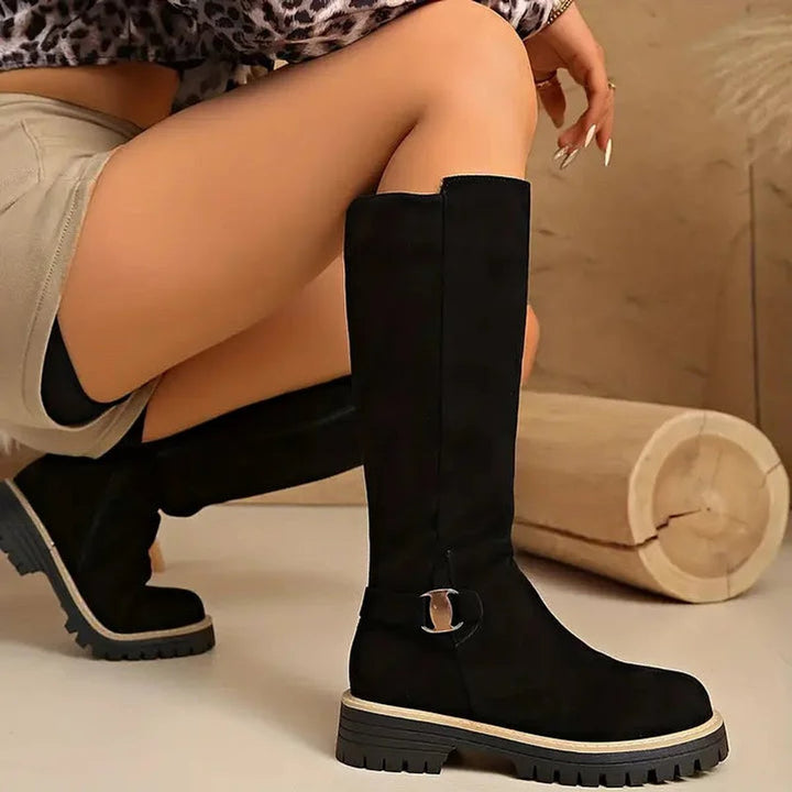 Women's Suede-Effect Buckle Detail Knee-High Boots Lug Sole