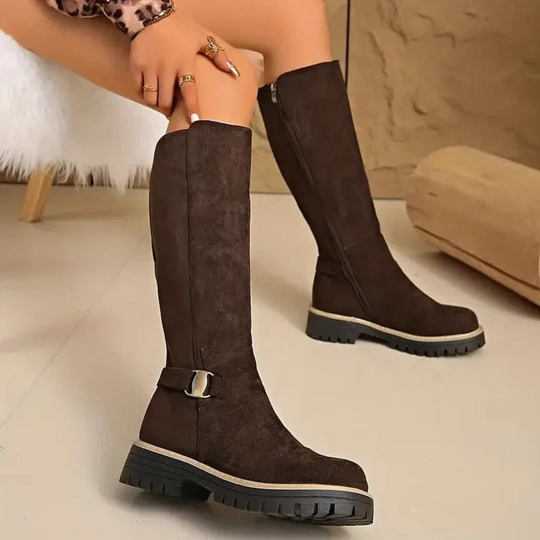 Women's Suede-Effect Buckle Detail Knee-High Boots Lug Sole