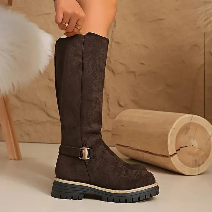 Women's Suede-Effect Buckle Detail Knee-High Boots Lug Sole