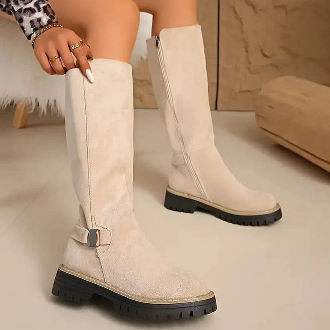 Women's Suede-Effect Buckle Detail Knee-High Boots Lug Sole