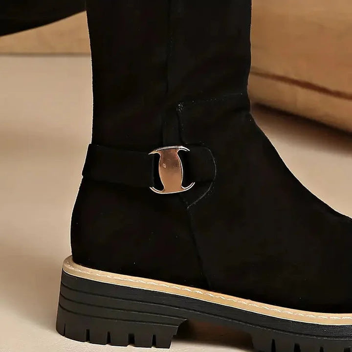 Women's Suede-Effect Buckle Detail Knee-High Boots Lug Sole