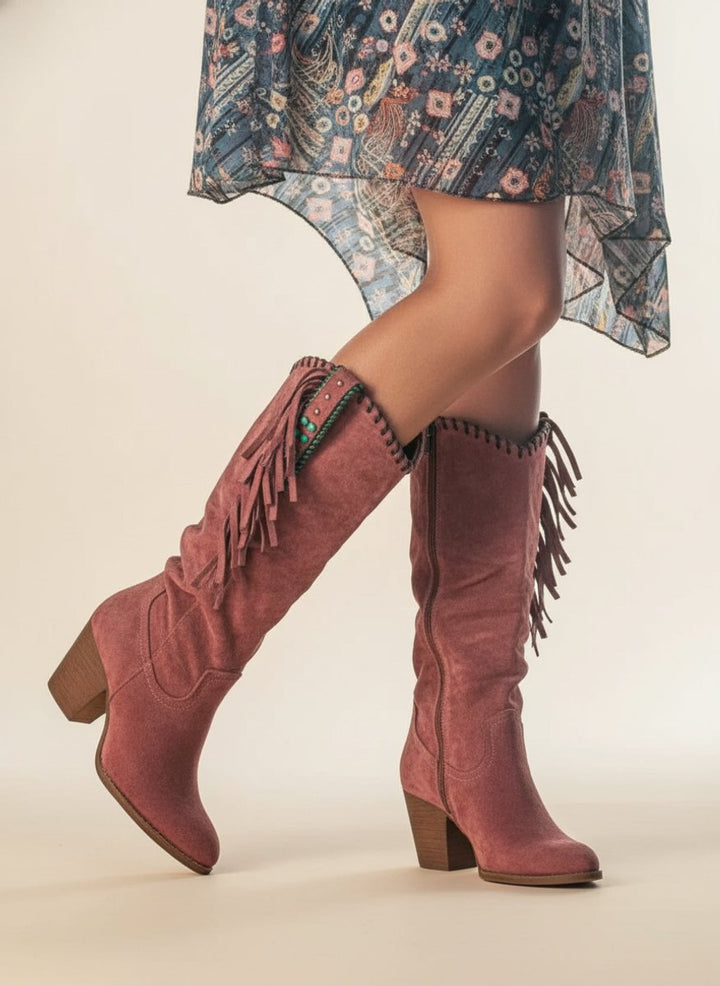 Women's Suede Fringe Block-Heel Knee-High Boots
