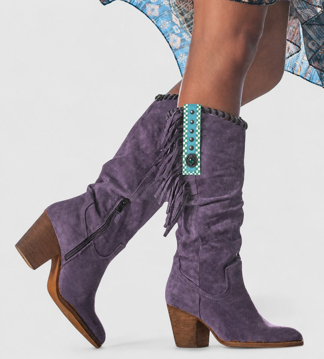 Women's Suede Fringe Block-Heel Knee-High Boots