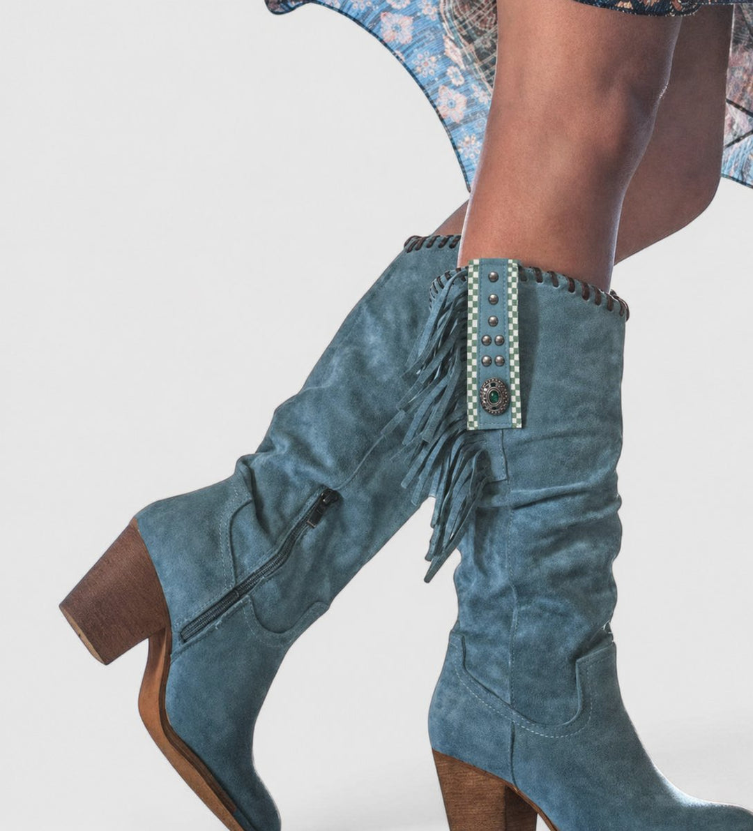 Women's Suede Fringe Block-Heel Knee-High Boots