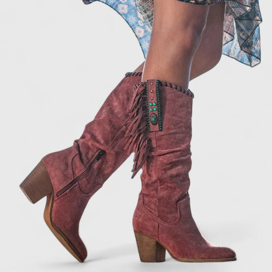 Women's Suede Fringe Block-Heel Knee-High Boots