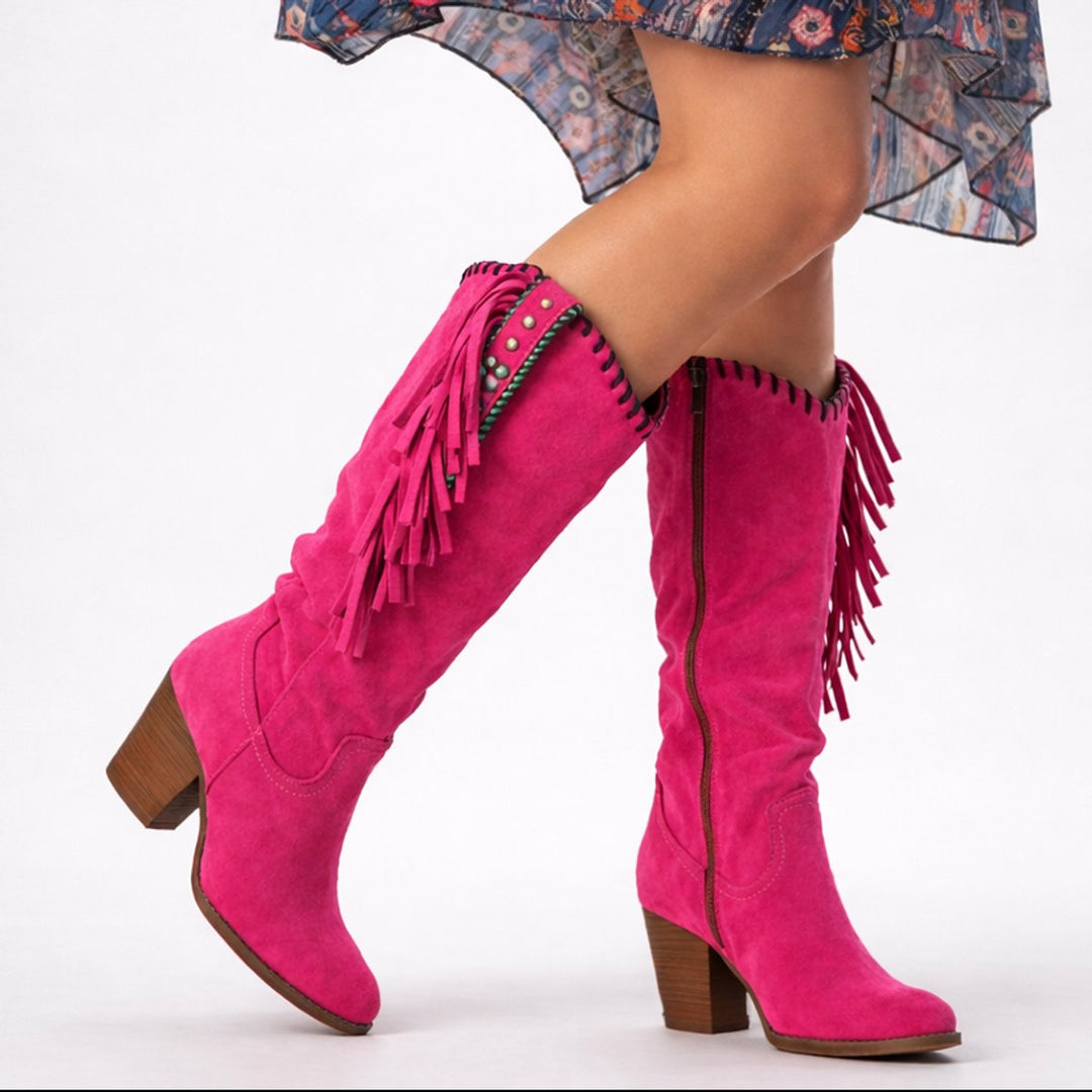 Women's Suede Fringe Block-Heel Knee-High Boots