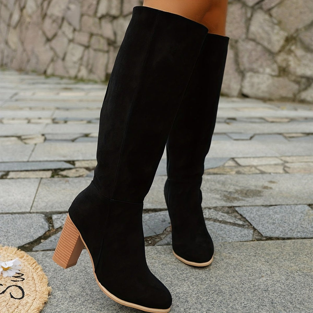 Women's Suede Knee-High Boots Stacked Block Heel Side Zip