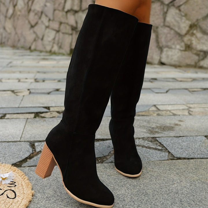 Women's Suede Knee-High Boots Stacked Block Heel Side Zip