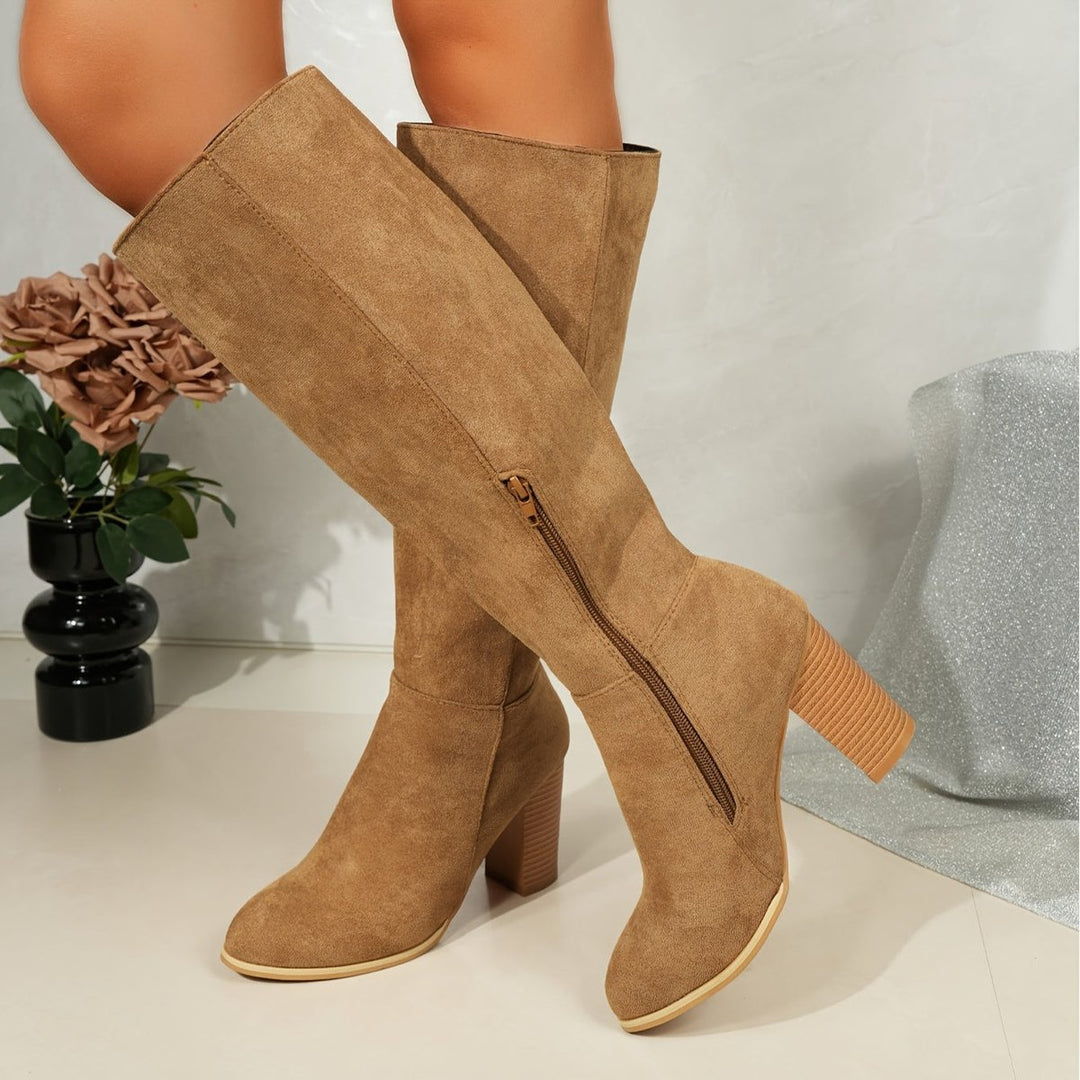 Women's Suede Knee-High Boots Stacked Block Heel Side Zip