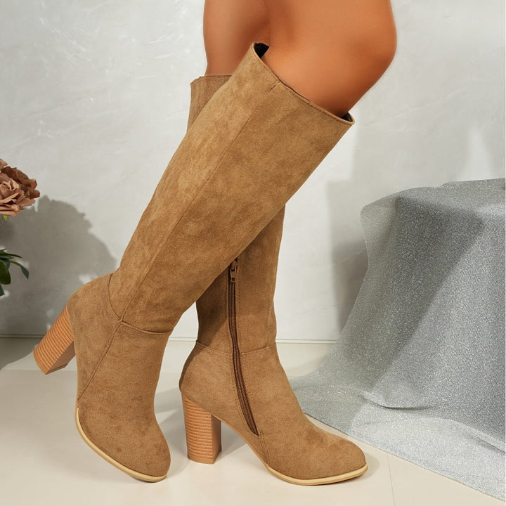 Women's Suede Knee-High Boots Stacked Block Heel Side Zip