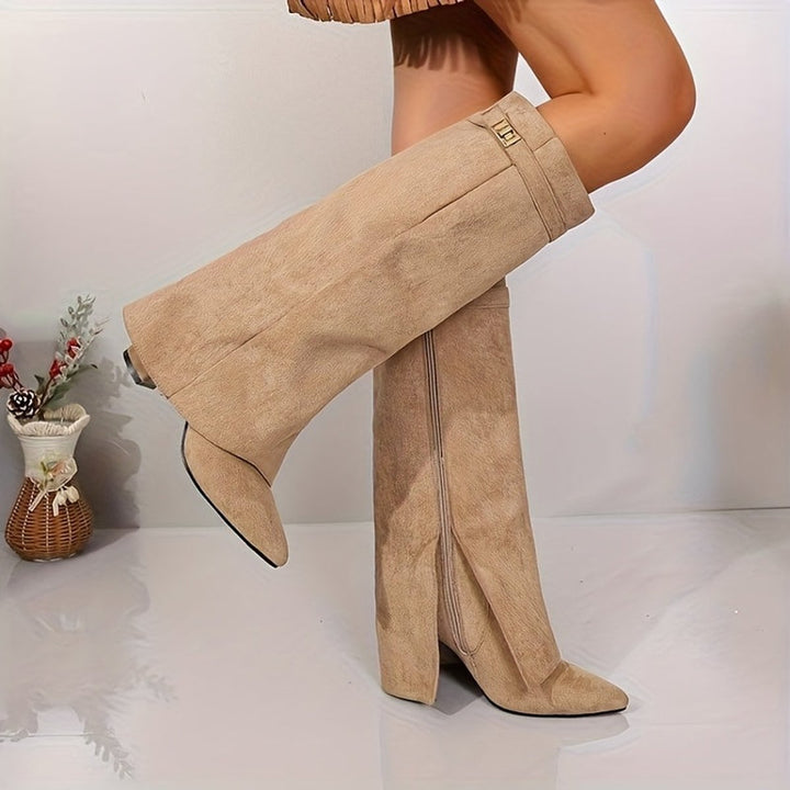 Women's Suede-Look Block Heel Pointed-Toe Knee-High Boots