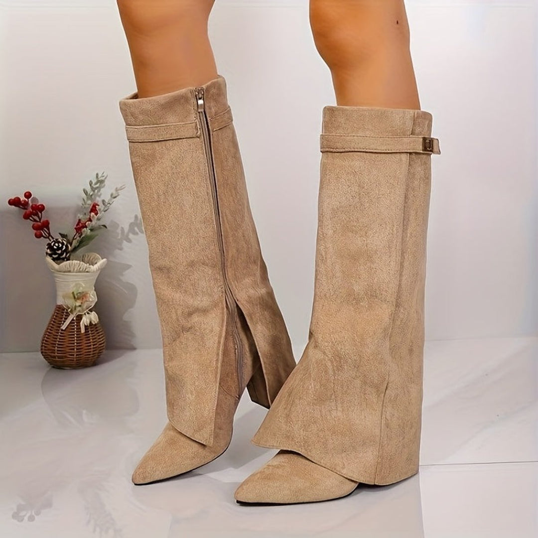 Women's Suede-Look Block Heel Pointed-Toe Knee-High Boots
