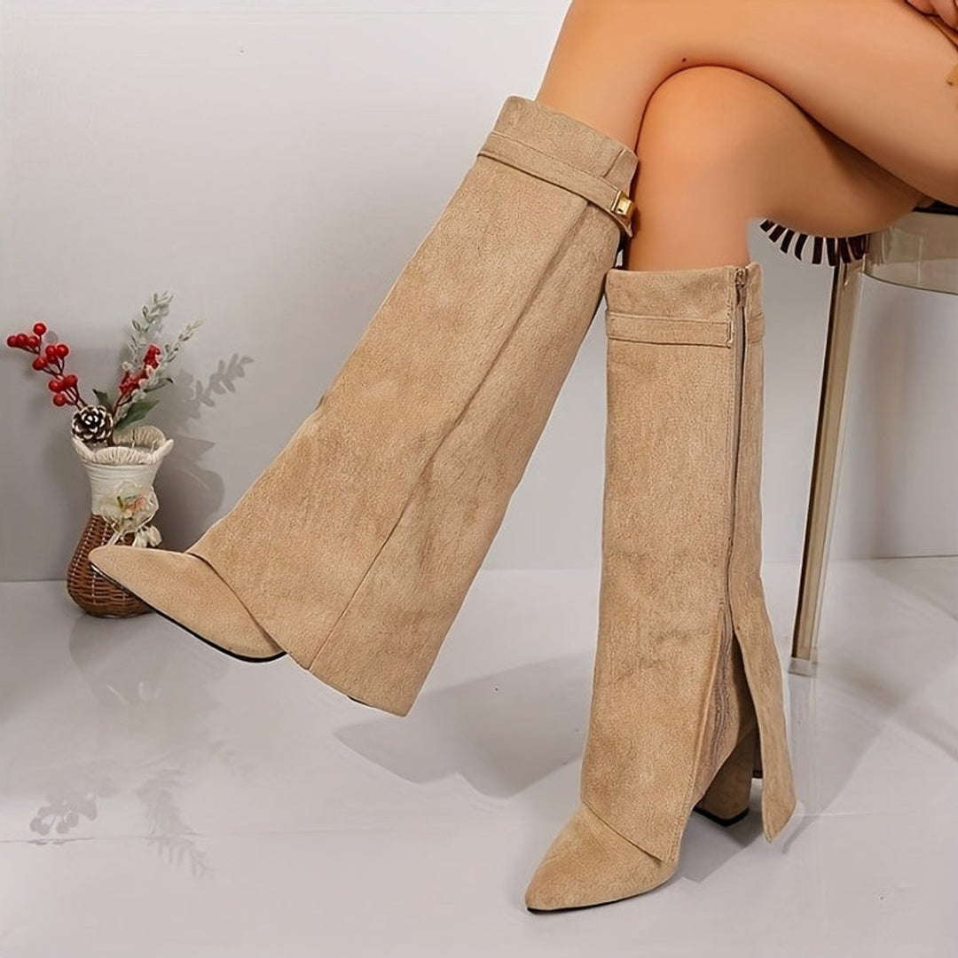 Women's Suede-Look Block Heel Pointed-Toe Knee-High Boots