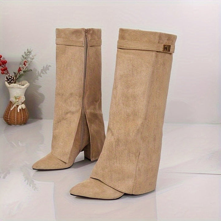 Women's Suede-Look Block Heel Pointed-Toe Knee-High Boots