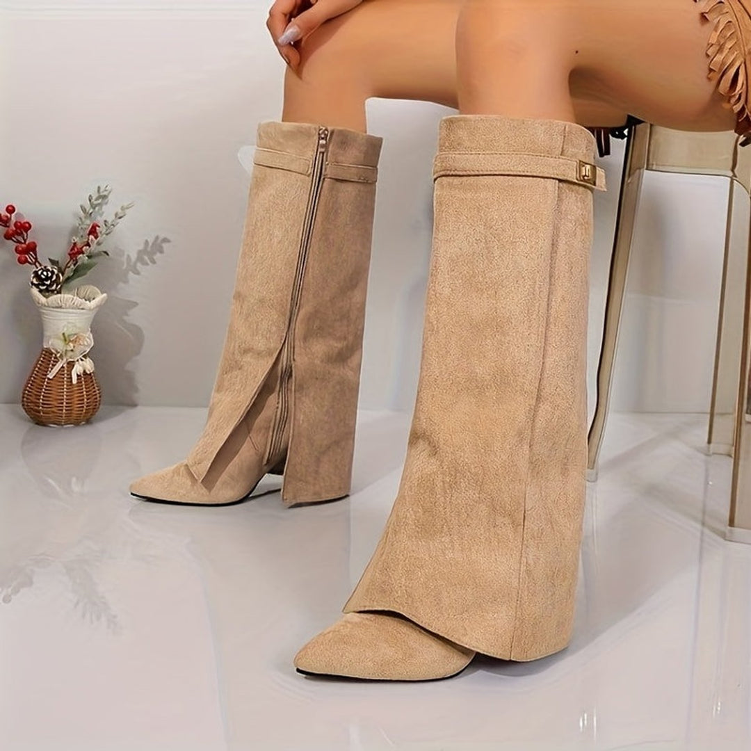 Women's Suede-Look Block Heel Pointed-Toe Knee-High Boots
