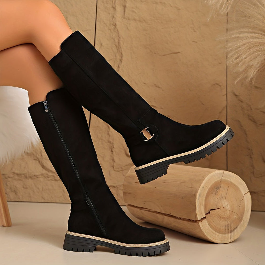 Women's Suede-Look Knee-High Boots Lug Sole Block Heel Side Zip