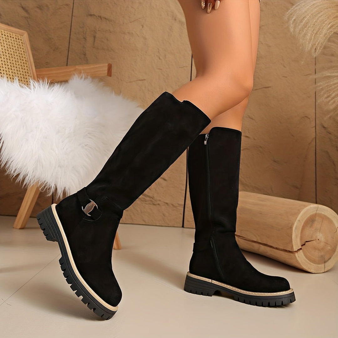 Women's Suede-Look Knee-High Boots Lug Sole Block Heel Side Zip