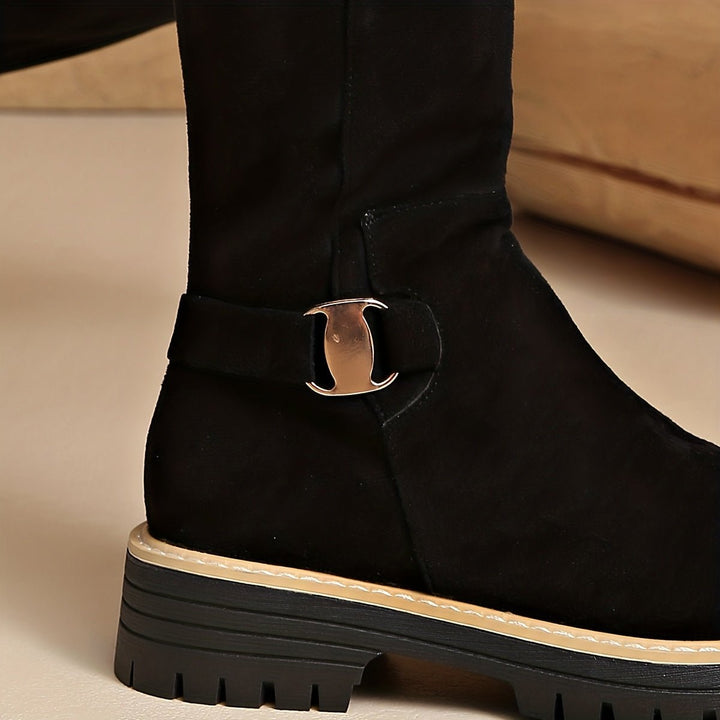 Women's Suede-Look Knee-High Boots Lug Sole Block Heel Side Zip