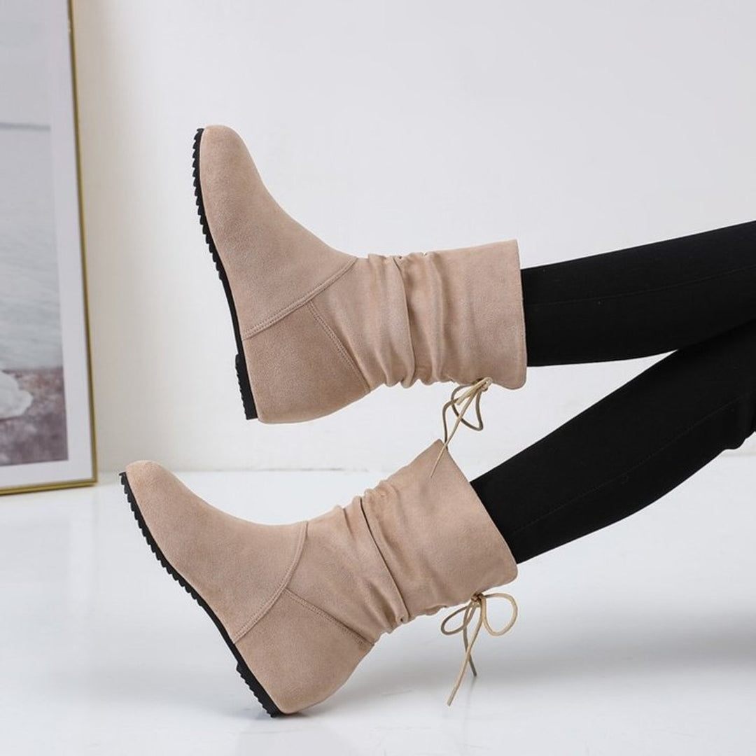 Women's Suede Ruched Flat Ankle Heeled Boots Lace-Up