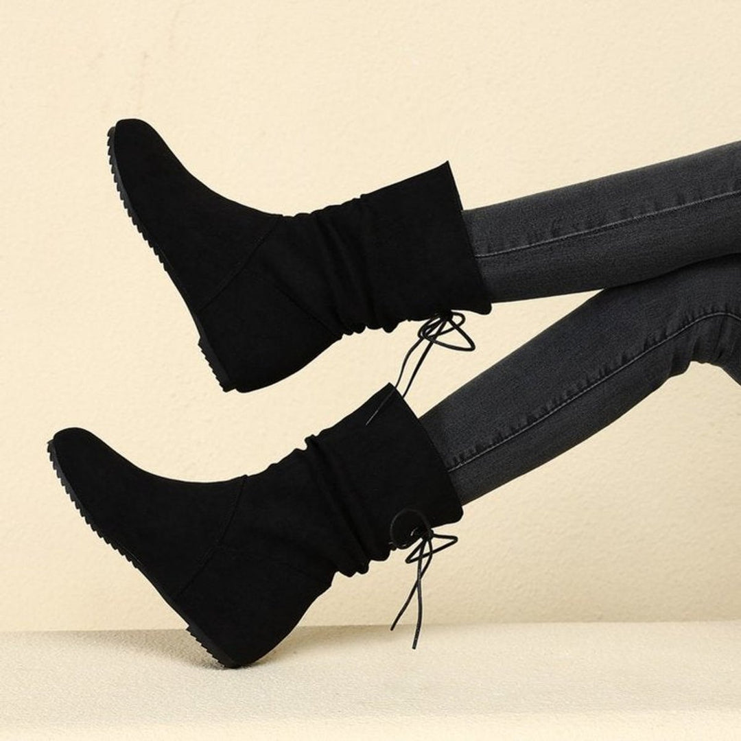 Women's Suede Ruched Flat Ankle Heeled Boots Lace-Up