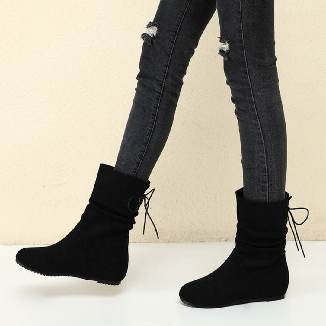 Women's Suede Ruched Flat Ankle Heeled Boots Lace-Up