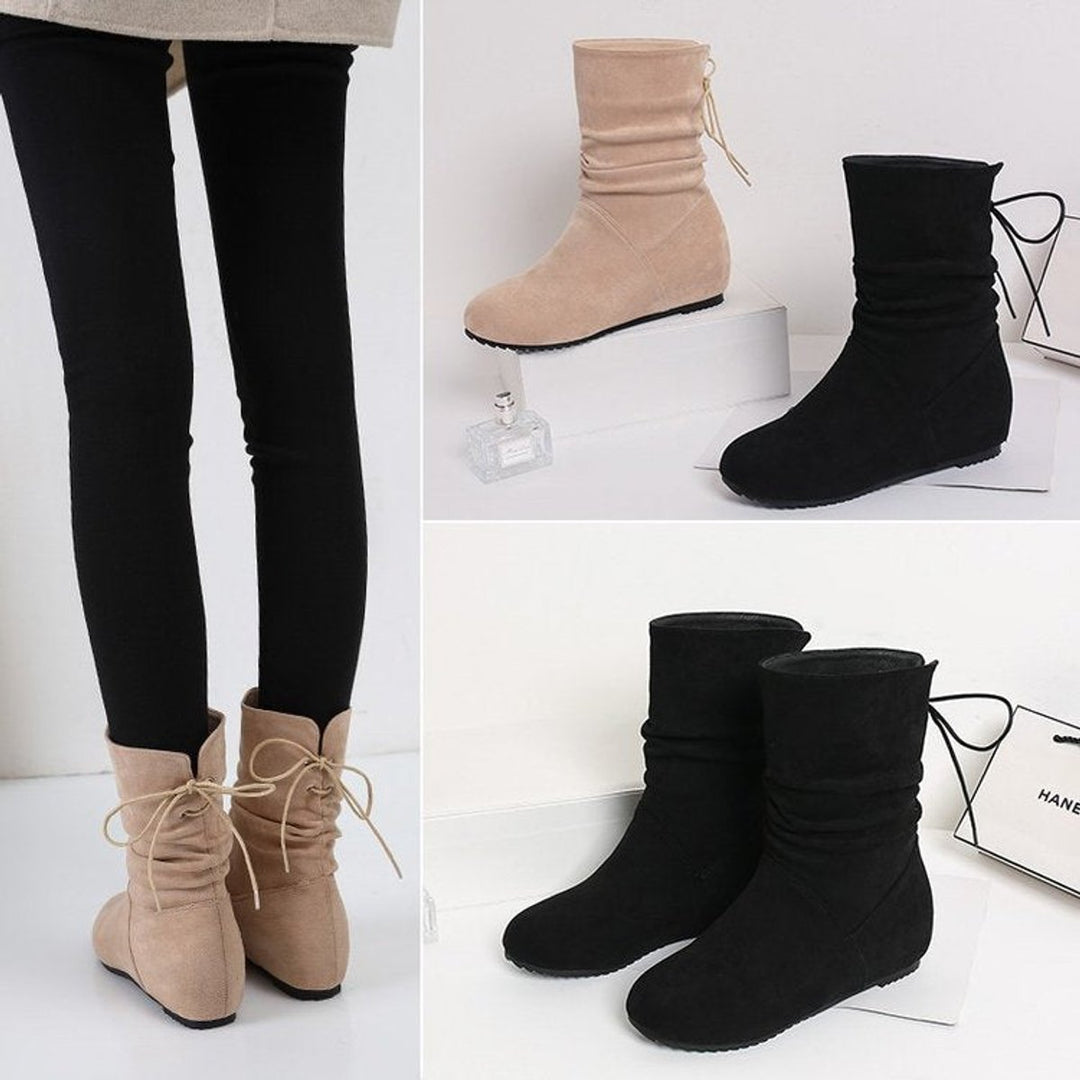 Women's Suede Ruched Flat Ankle Heeled Boots Lace-Up