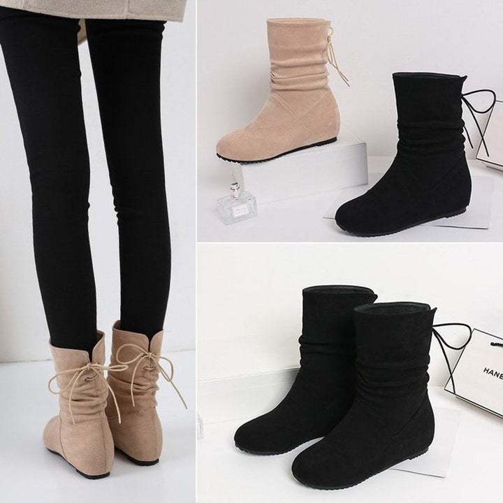 Women's Suede Ruched Flat Ankle Heeled Boots Lace-Up