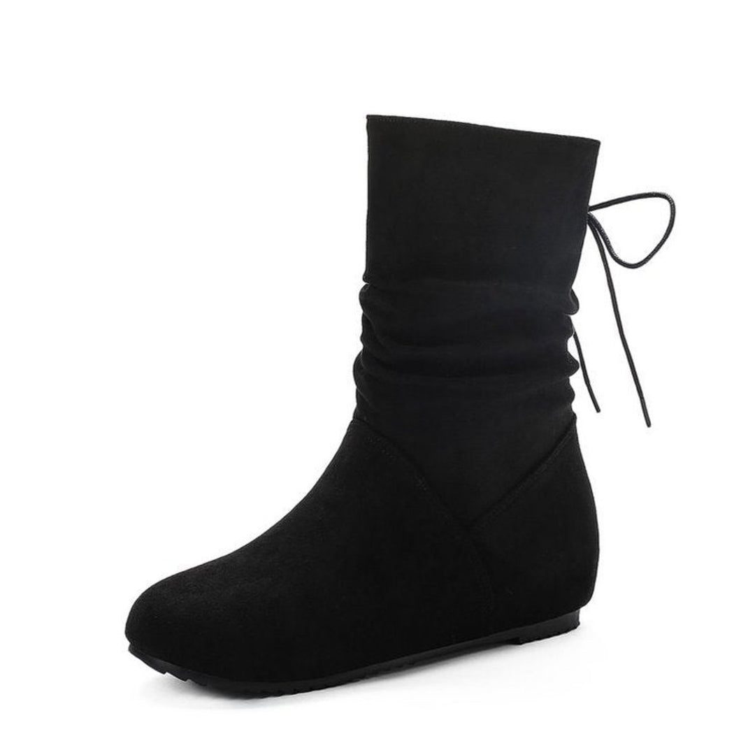 Women's Suede Ruched Flat Ankle Heeled Boots Lace-Up
