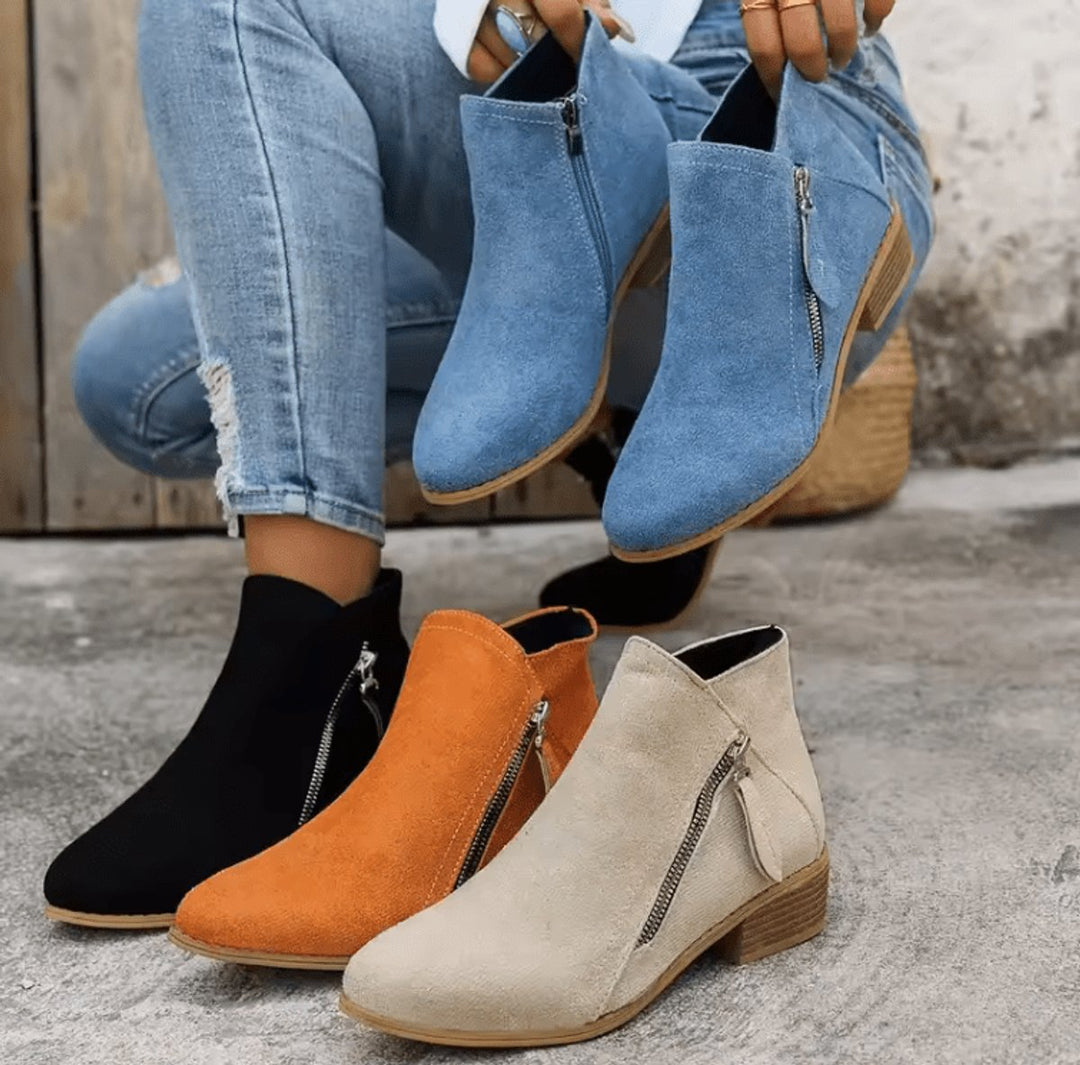 Women's Suede Side-Zip Block Ankle Heeled Boots