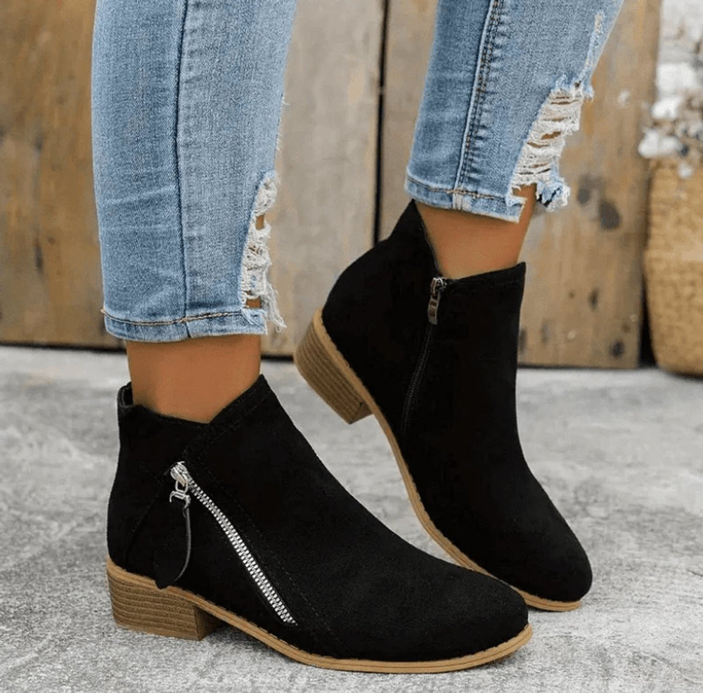Women's Suede Side-Zip Block Ankle Heeled Boots