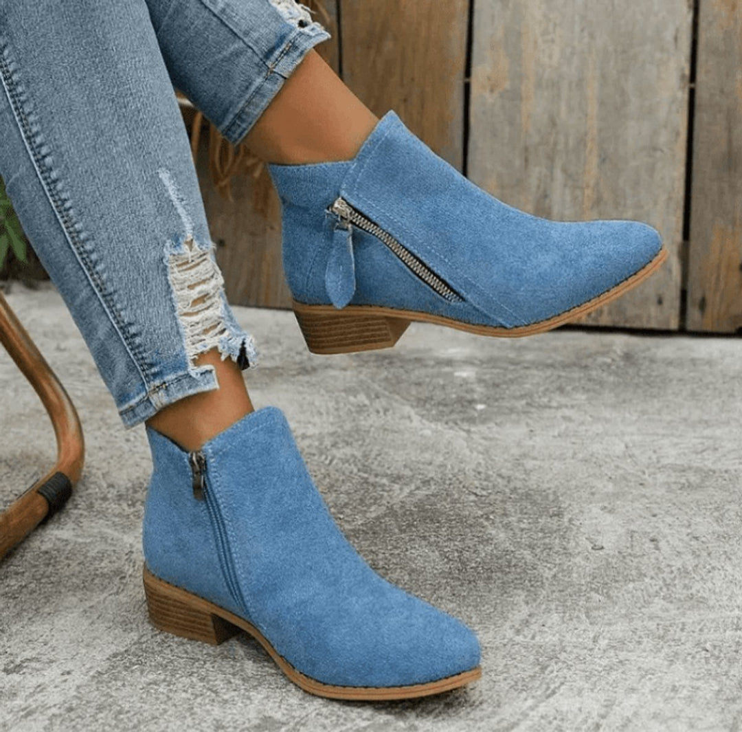 Women's Suede Side-Zip Block Ankle Heeled Boots