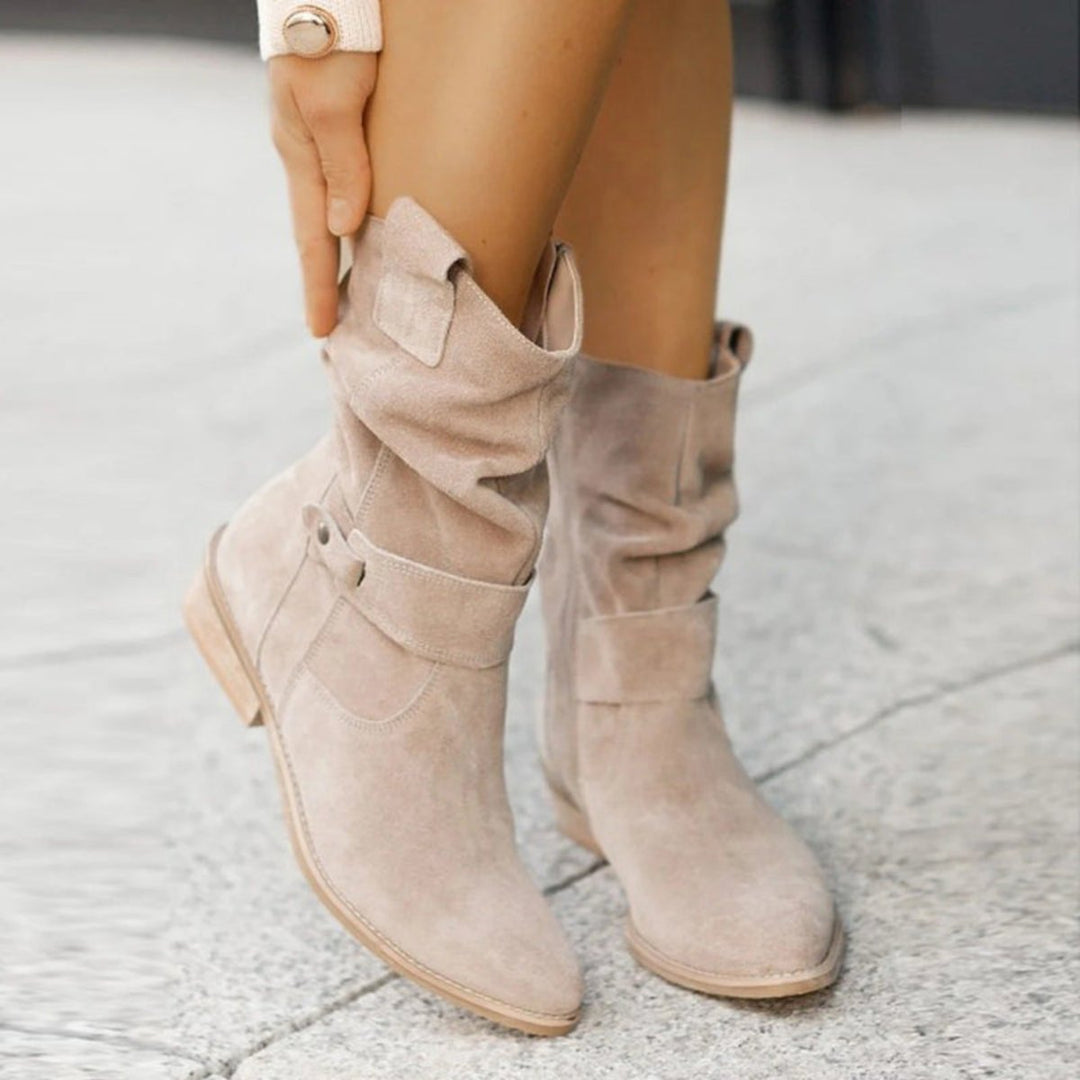 Women's Suede Slouchy Ankle Heeled Boots Buckle Strap