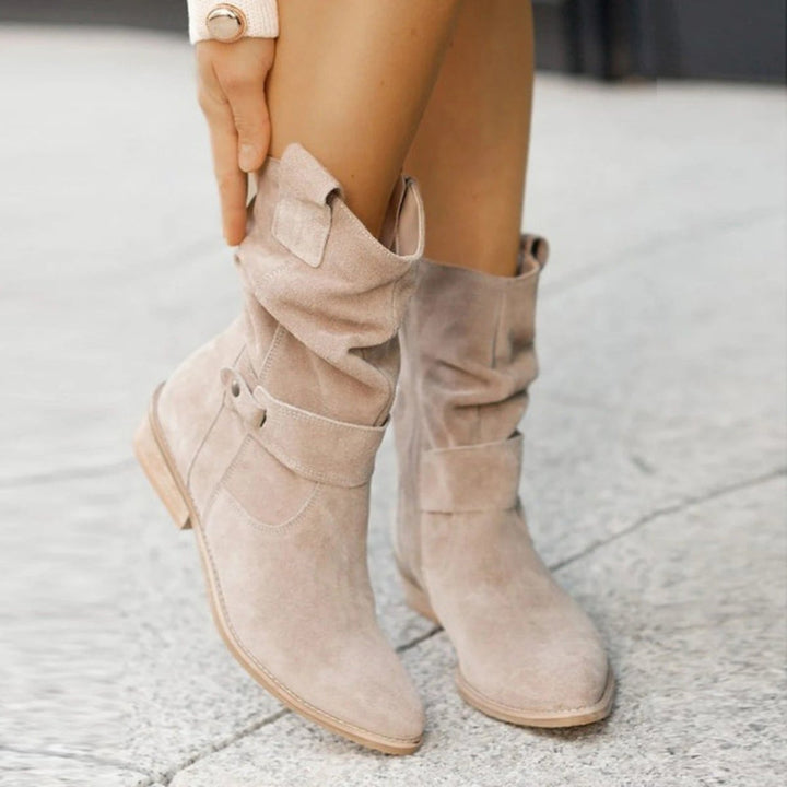 Women's Suede Slouchy Ankle Heeled Boots Buckle Strap